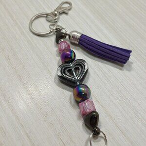 Beaded Purse Charm Keychain Black and Pink Hearts with Purple Tassel